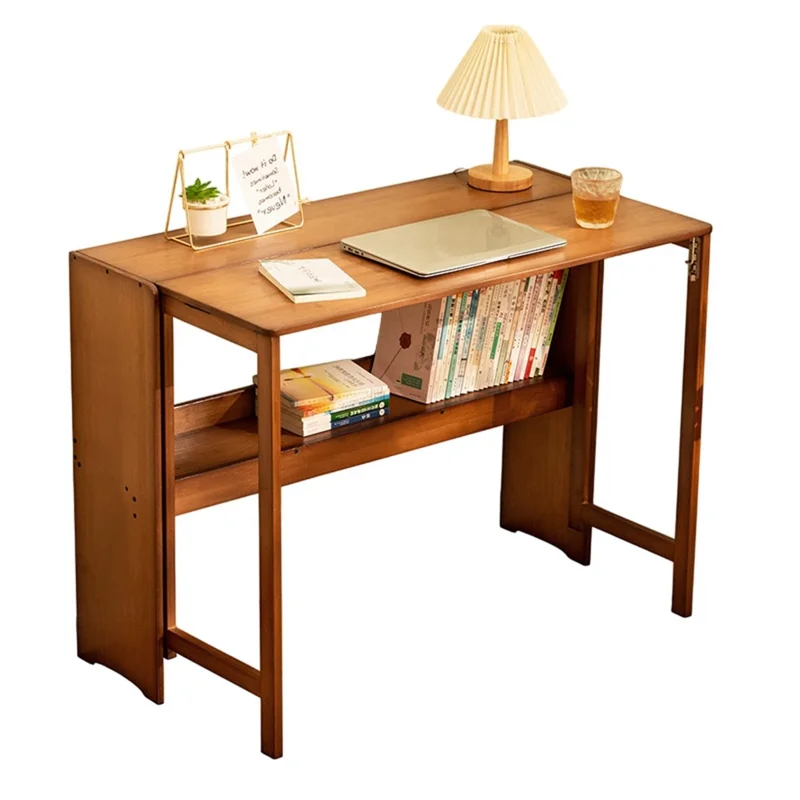 615ZDSZ-04 103cm Long Foldable Bamboo Study Desk Home Office Computer Table Easy Storage Workstation with Bookshelf - Tan