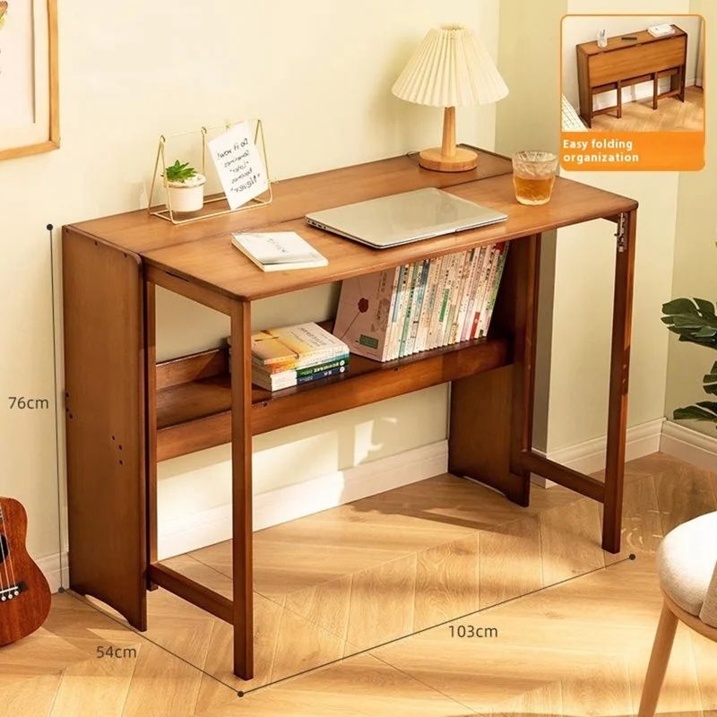 615ZDSZ-04 103cm Long Foldable Bamboo Study Desk Home Office Computer Table Easy Storage Workstation with Bookshelf - Tan