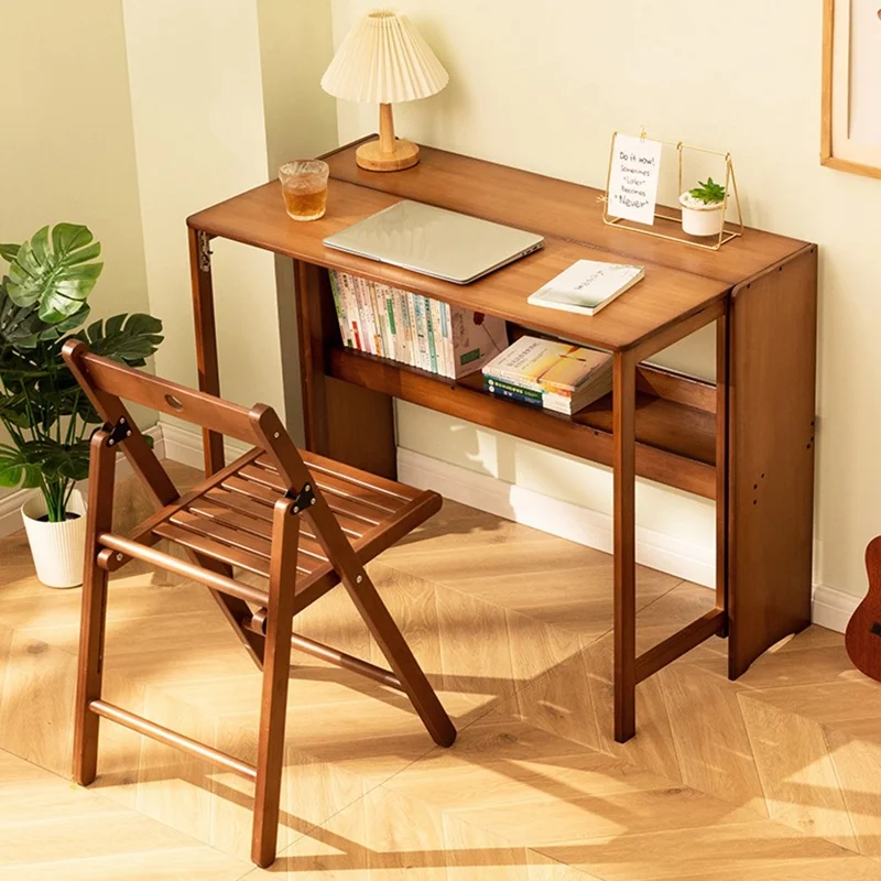 615ZDSZ-04 103cm Long Foldable Bamboo Study Desk Home Office Computer Table Easy Storage Workstation with Bookshelf - Tan