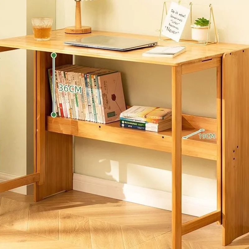 615ZDSZ-04 103cm Long Foldable Bamboo Study Desk Home Office Computer Table Easy Storage Workstation with Bookshelf - Tan