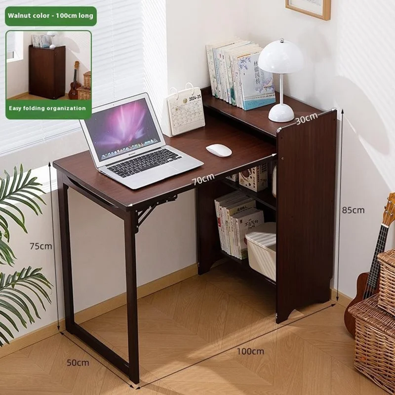 Bureau d'étude pliable en bambou de 100 cm, table d'ordinateur avec bibliothèque, facile à ranger pour la maison et le bureau