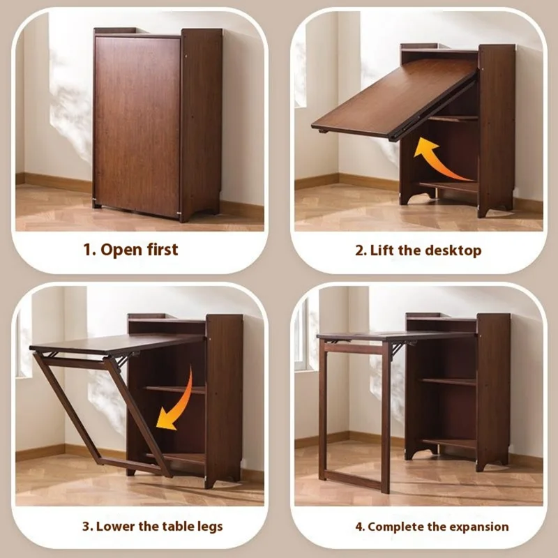 Bureau d'étude pliable en bambou de 100 cm, table d'ordinateur avec bibliothèque, facile à ranger pour la maison et le bureau