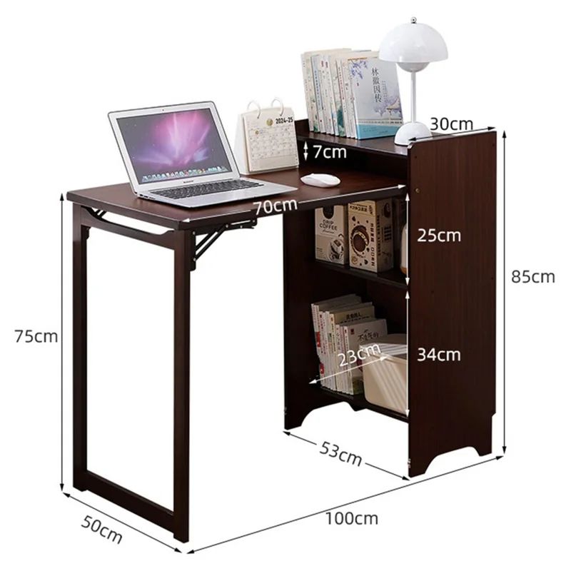 Bureau d'étude pliable en bambou de 100 cm, table d'ordinateur avec bibliothèque, facile à ranger pour la maison et le bureau