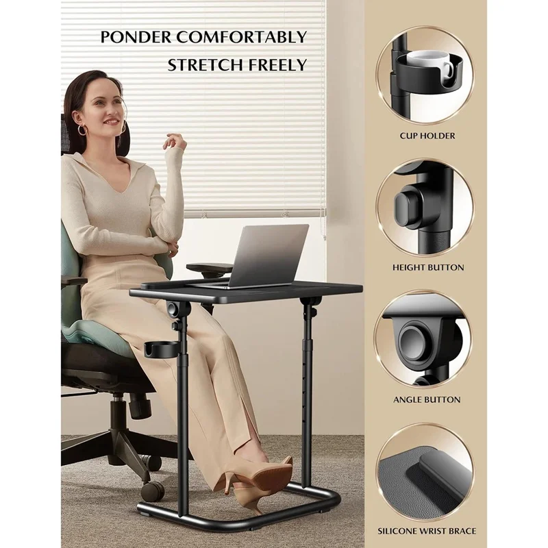 Adjustable Height Folding Laptop Desk for Bed Sofa Portable Overbed Table Multifunction Workstation - Black