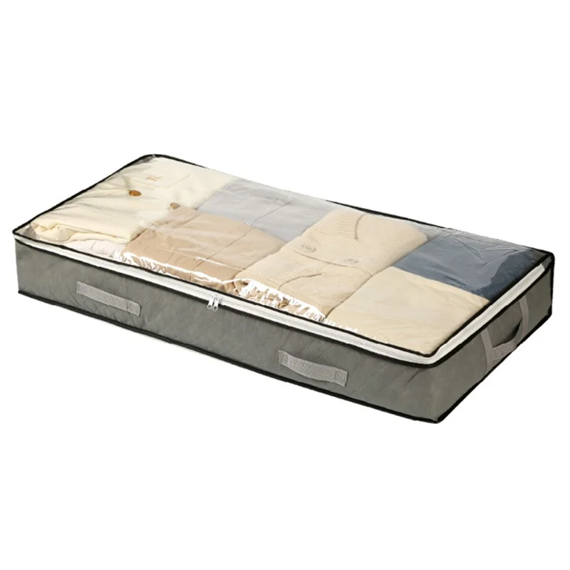 Underbed Storage Bag Foldable Transparent Window Dustproof Moisture-Proof Non-woven Fabric Clothes Organizer - Grey