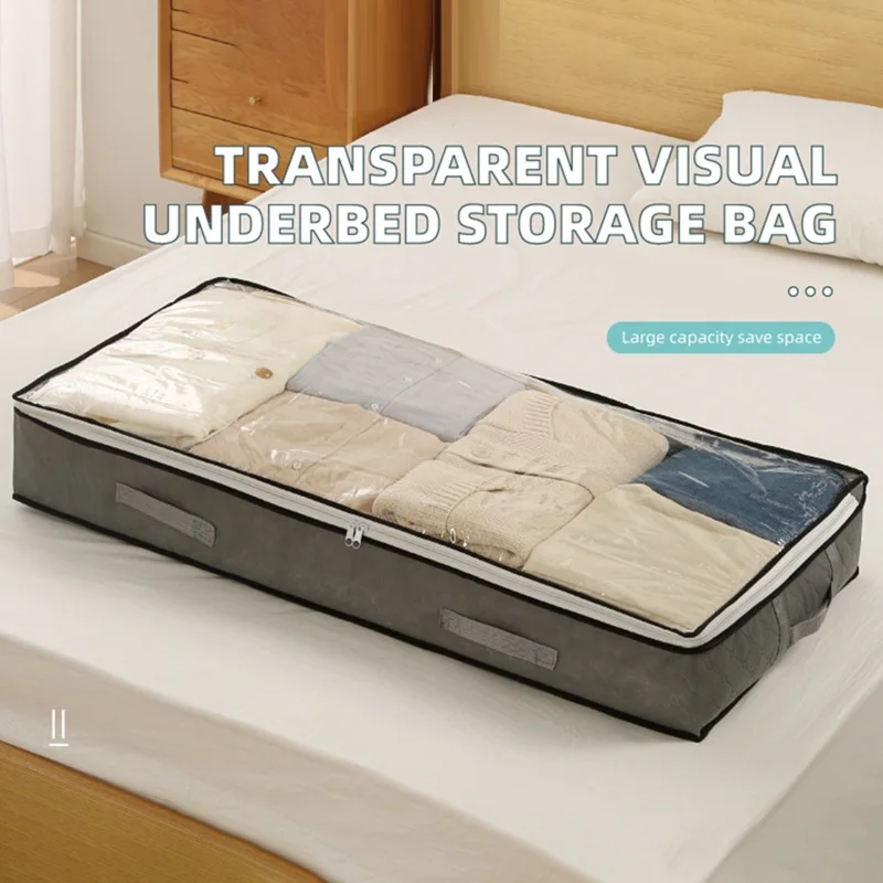 Underbed Storage Bag Foldable Transparent Window Dustproof Moisture-Proof Non-woven Fabric Clothes Organizer - Grey