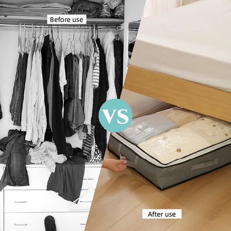 Underbed Storage Bag Foldable Transparent Window Dustproof Moisture-Proof Non-woven Fabric Clothes Organizer - Grey