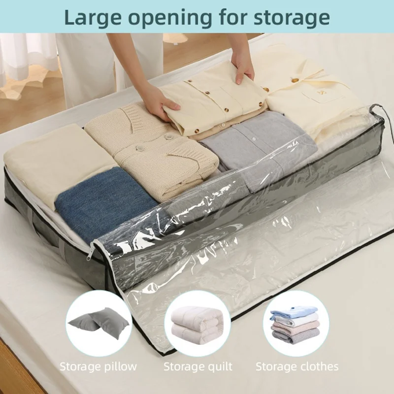 Underbed Storage Bag Foldable Transparent Window Dustproof Moisture-Proof Non-woven Fabric Clothes Organizer - Grey