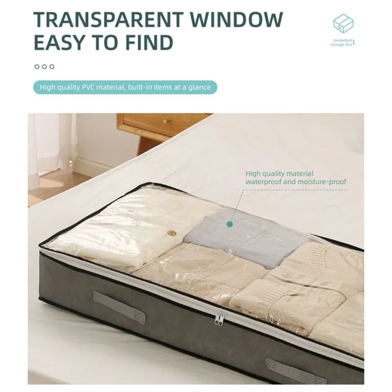 Underbed Storage Bag Foldable Transparent Window Dustproof Moisture-Proof Non-woven Fabric Clothes Organizer - Grey