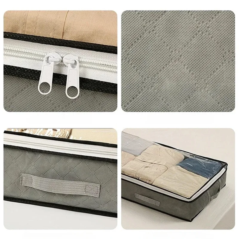 Underbed Storage Bag Foldable Transparent Window Dustproof Moisture-Proof Non-woven Fabric Clothes Organizer - Grey