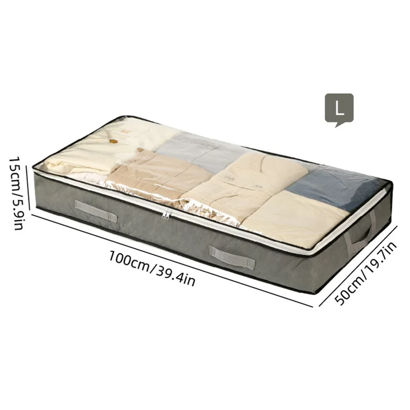 Underbed Storage Bag Foldable Transparent Window Dustproof Moisture-Proof Non-woven Fabric Clothes Organizer - Grey