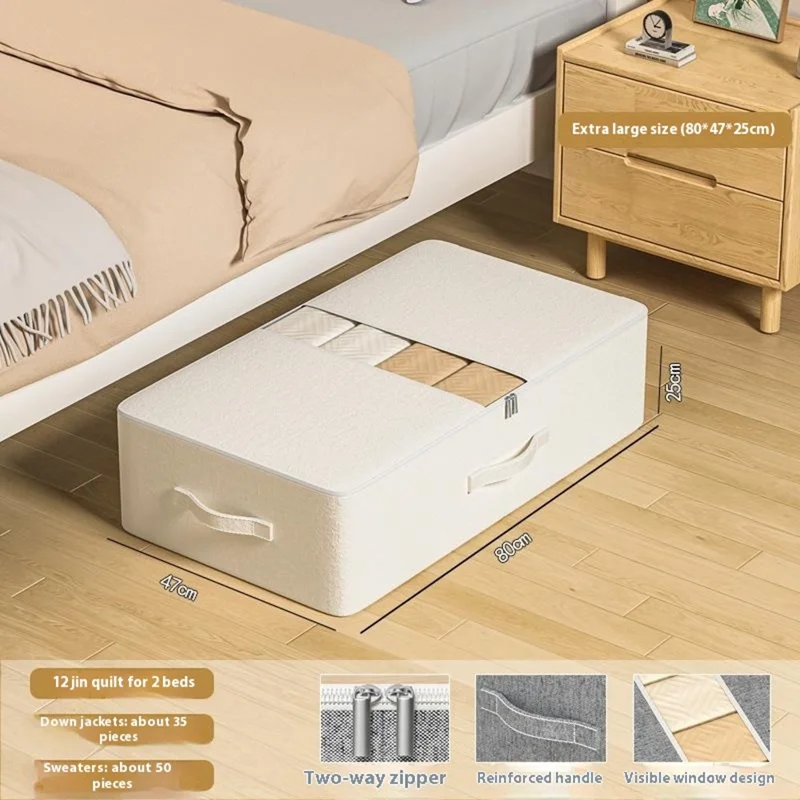 Size XXL Under Bed Storage Bag Transparent Window Foldable Clothes Organizer Pouch with Three-sided Handles - White