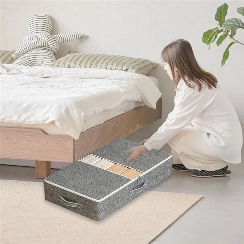 Size XL Under Bed Storage Bag Transparent Window Foldable Clothes Organizer Pouch with Three-sided Handles - Grey
