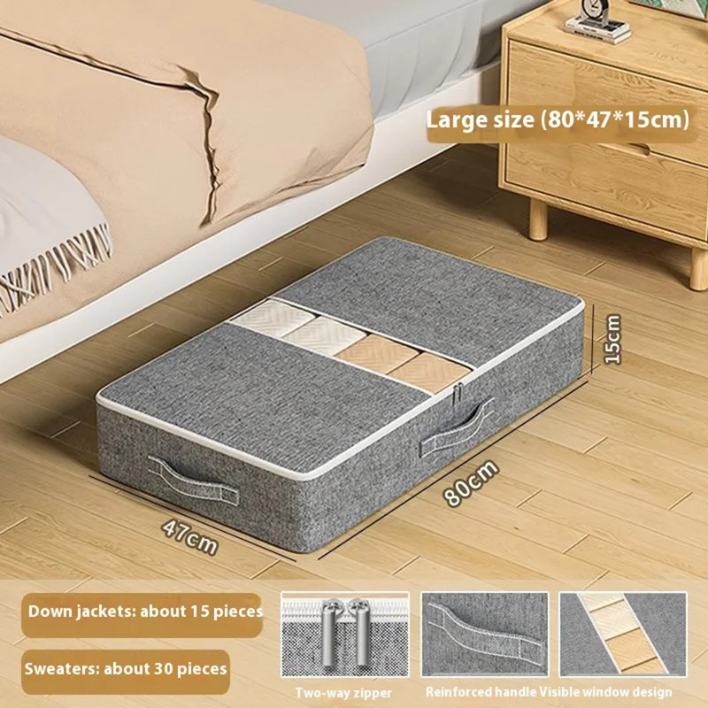 Size L Under Bed Storage Bag Transparent Window Foldable Clothes Organizer Pouch with Three-sided Handles - Grey