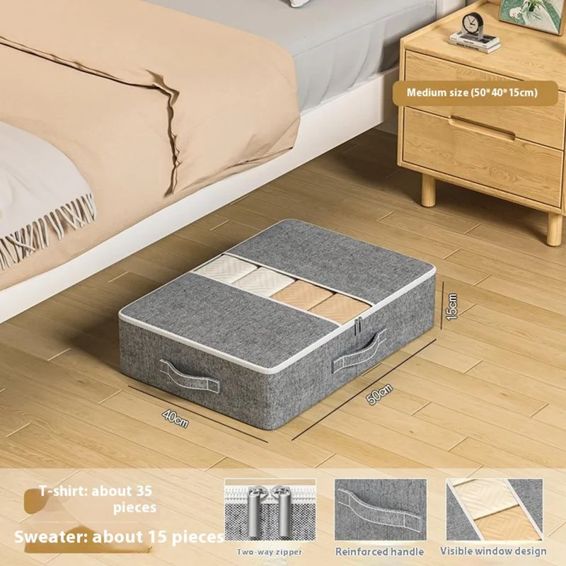 Size M Under Bed Storage Bag Transparent Window Foldable Clothes Organizer Pouch with Three-sided Handles - Grey