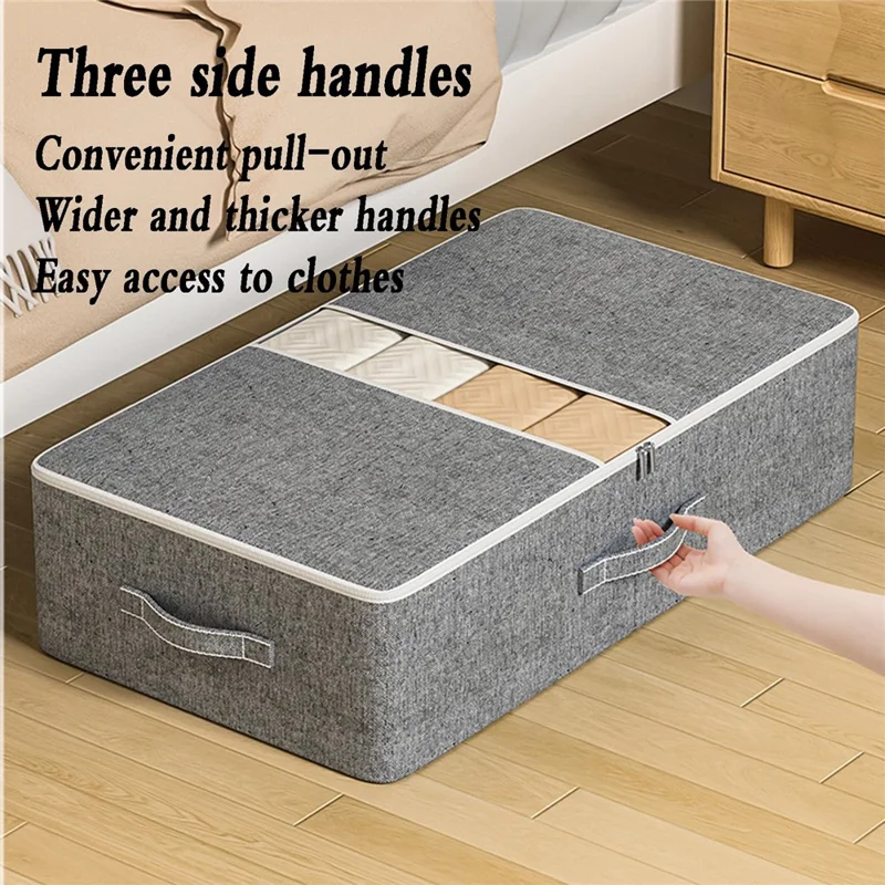 Size M Under Bed Storage Bag Transparent Window Foldable Clothes Organizer Pouch with Three-sided Handles - Grey
