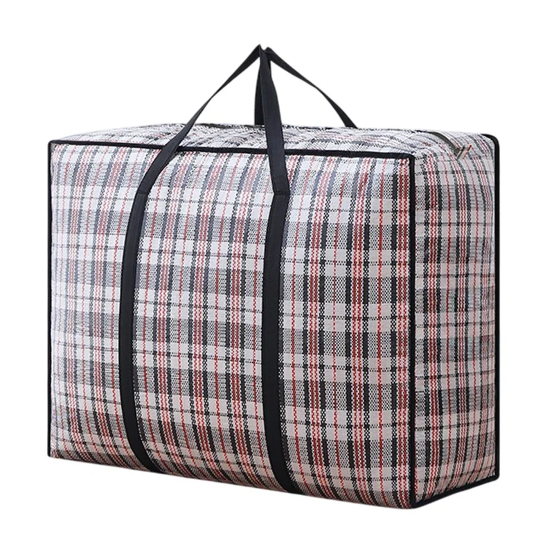 Size M Moisture Proof Grid Pattern Woven Storage Bag for Moving Clothes Bedding Organization, 60 x 42 x 23cm - Black