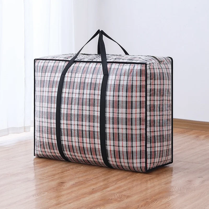 Size M Moisture Proof Grid Pattern Woven Storage Bag for Moving Clothes Bedding Organization, 60 x 42 x 23cm - Black