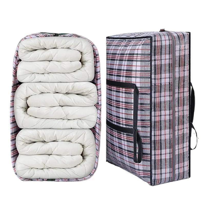 Size M Moisture Proof Grid Pattern Woven Storage Bag for Moving Clothes Bedding Organization, 60 x 42 x 23cm - Black