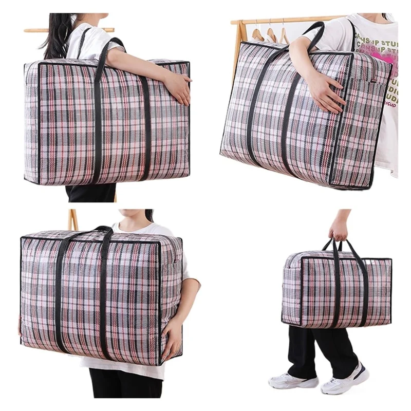 Size L Moisture Proof Grid Pattern Quilt Storage Bag for Moving Clothes Bedding Organization, 70 x 50 x 23cm - Black