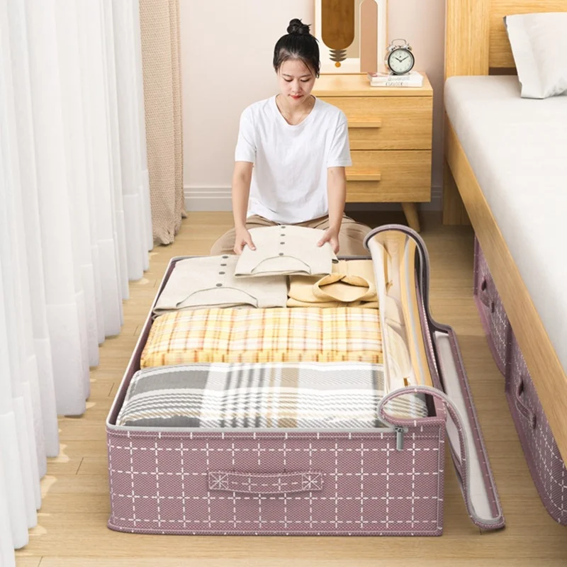 H100-18 18cm Height Grid Pattern Dustproof Under Bed Storage Bag Transparent Window Flat Organizer Pouch