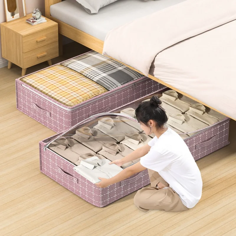 H100-25 25cm Height Grid Pattern Dustproof Under Bed Storage Bag Transparent Window Flat Organizer Pouch