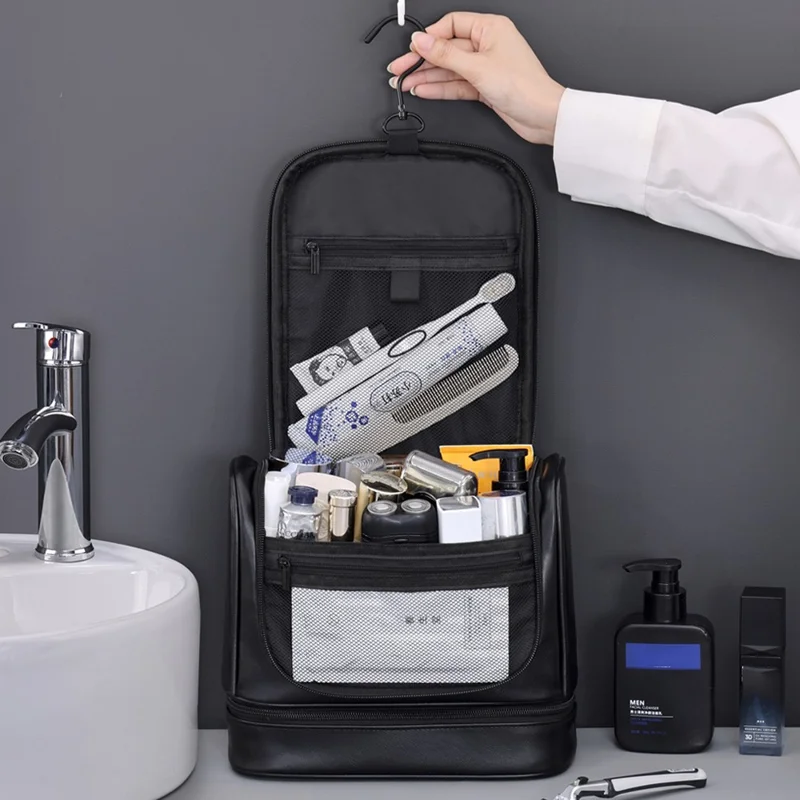 4034 Bolsa de Higiene Vintage de Couro PU Grande Capacidade para Homens - Viagem, Natação, Academia - Preto