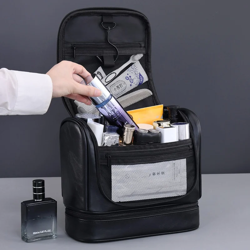 4034 Bolsa de Higiene Vintage de Couro PU Grande Capacidade para Homens - Viagem, Natação, Academia - Preto