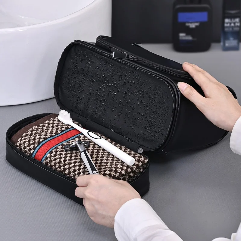 4034 Bolsa de Higiene Vintage de Couro PU Grande Capacidade para Homens - Viagem, Natação, Academia - Preto