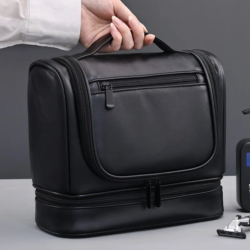 4034 Bolsa de Higiene Vintage de Couro PU Grande Capacidade para Homens - Viagem, Natação, Academia - Preto