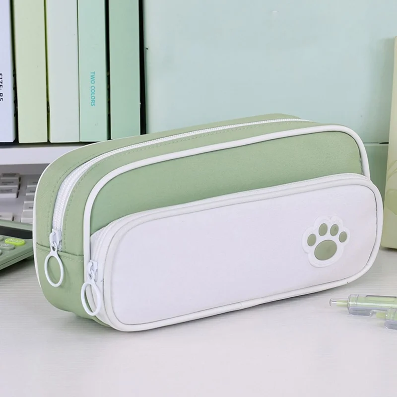 3029 Large Capacity Pencil Bag Students Oxford Fabric Double Layer Stationery Storage Pouch - Matcha Green
