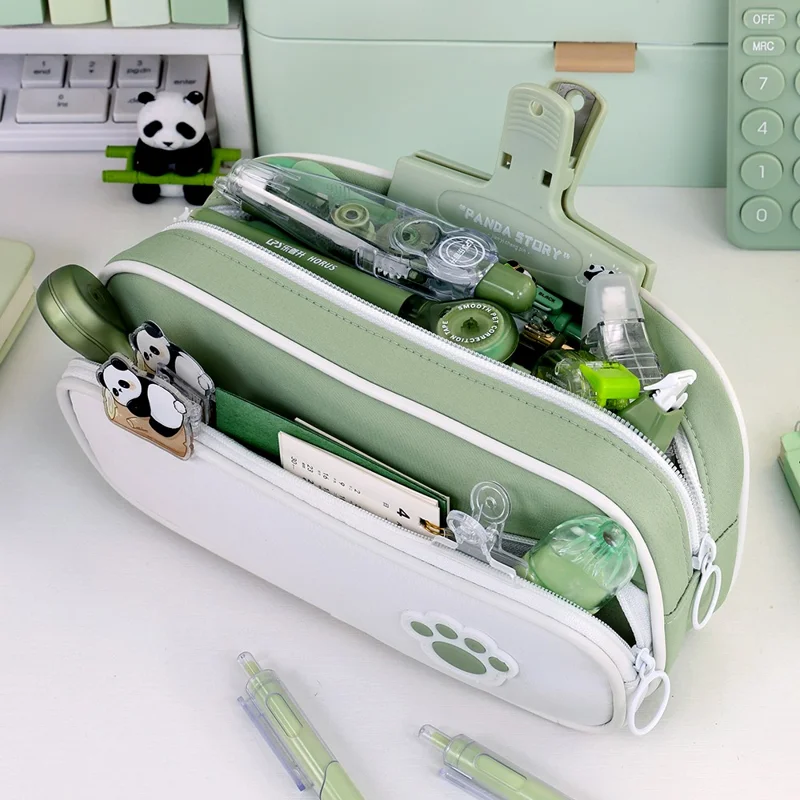 3029 Large Capacity Pencil Bag Students Oxford Fabric Double Layer Stationery Storage Pouch - Matcha Green