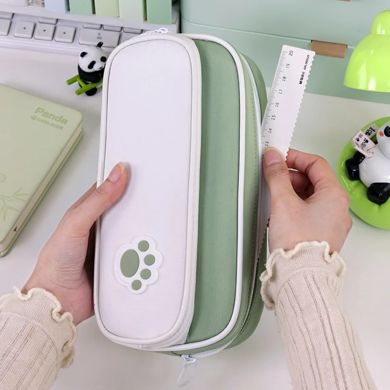 3029 Large Capacity Pencil Bag Students Oxford Fabric Double Layer Stationery Storage Pouch - Matcha Green