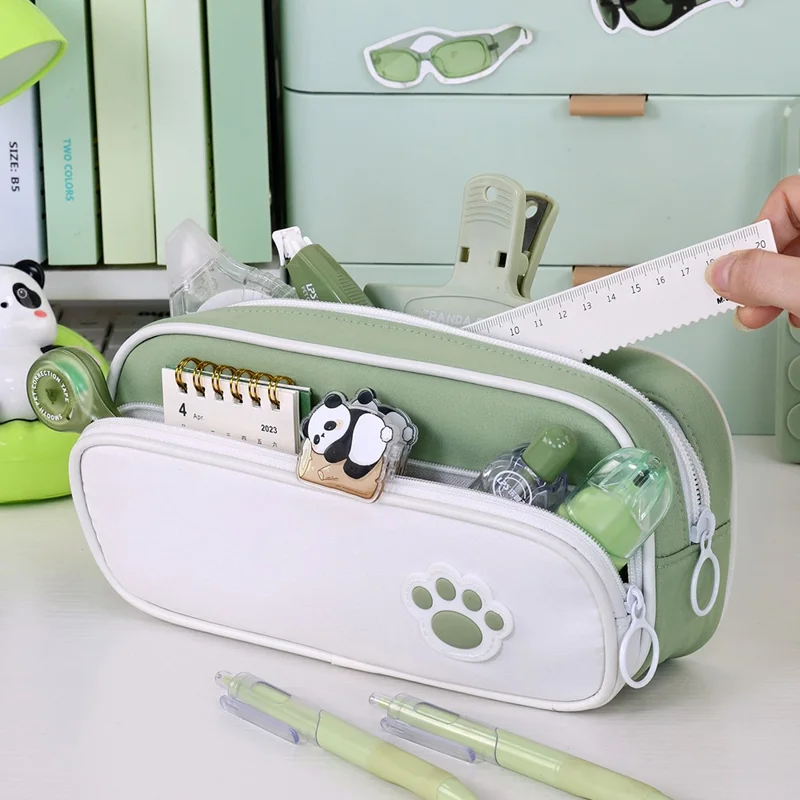 3029 Large Capacity Pencil Bag Students Oxford Fabric Double Layer Stationery Storage Pouch - Matcha Green