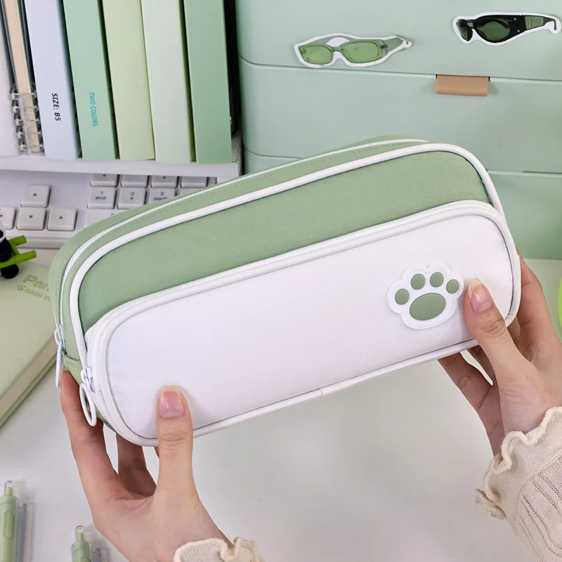 3029 Large Capacity Pencil Bag Students Oxford Fabric Double Layer Stationery Storage Pouch - Matcha Green