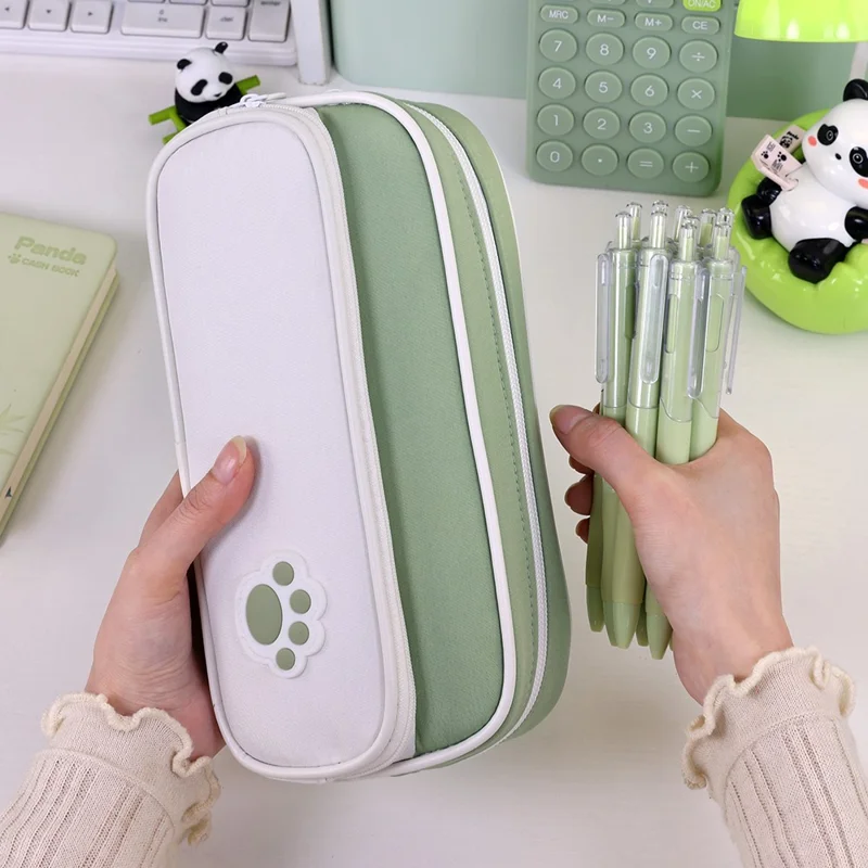 3029 Large Capacity Pencil Bag Students Oxford Fabric Double Layer Stationery Storage Pouch - Matcha Green