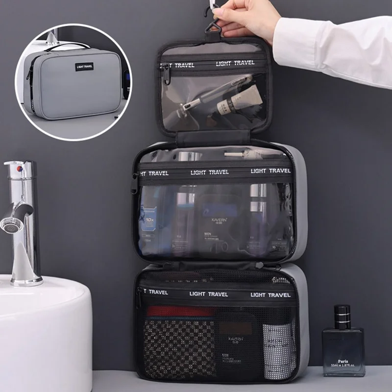 4039 Bolsa de Aseo para Hombres en Viaje - Separación Húmedo/Seco, Impermeable para Viajes de Negocios, Almacenamiento de Cosméticos con Colgador - Gris