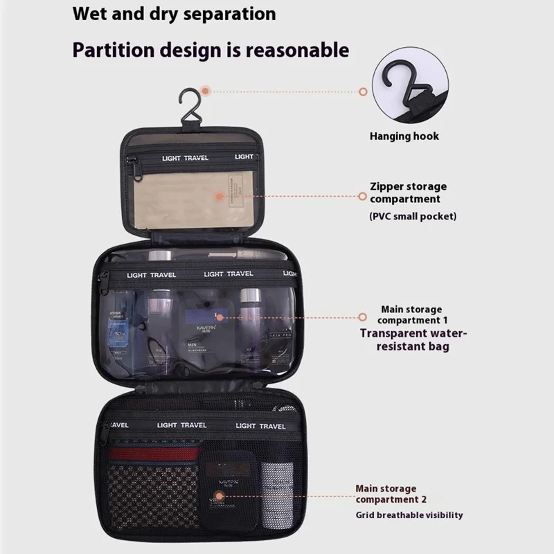 4039 Bolsa de Aseo para Hombres en Viaje - Separación Húmedo/Seco, Impermeable para Viajes de Negocios, Almacenamiento de Cosméticos con Colgador - Gris