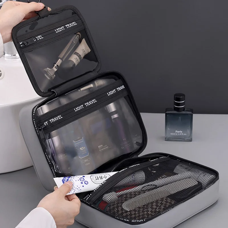 4039 Bolsa de Aseo para Hombres en Viaje - Separación Húmedo/Seco, Impermeable para Viajes de Negocios, Almacenamiento de Cosméticos con Colgador - Gris
