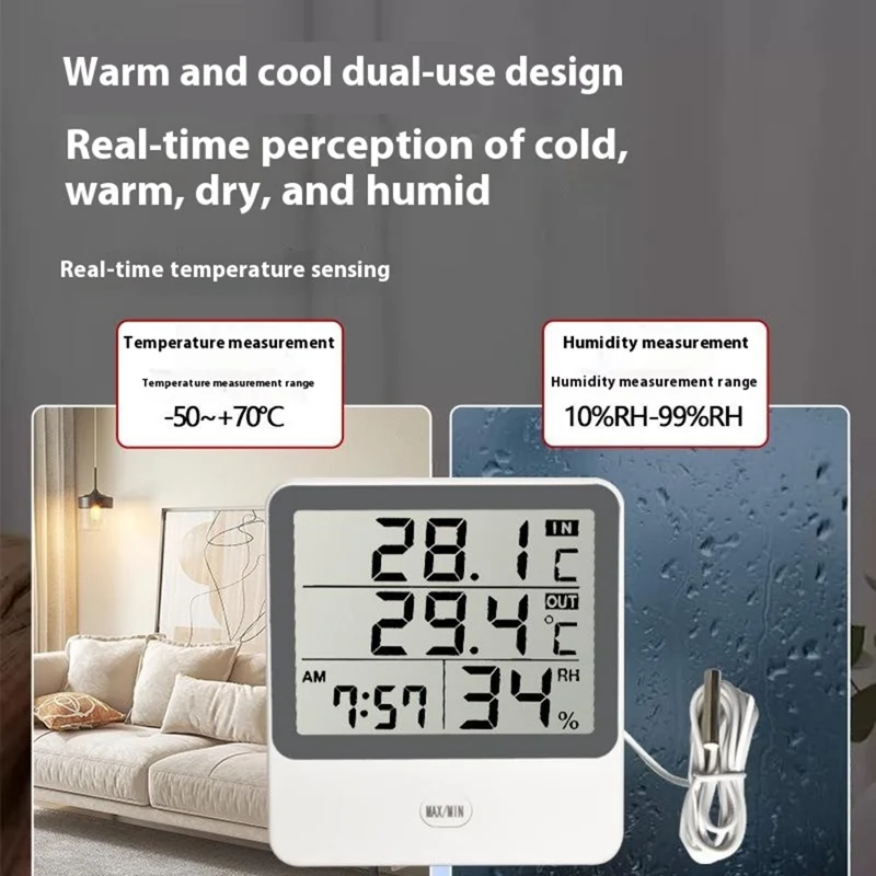 CX-1219 Large Screen High Precision Indoor Outdoor Thermometer Hygrometer Alarm Clock with Waterproof Probe (No Battery)