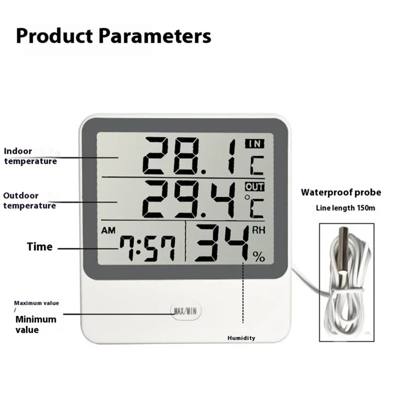 CX-1219 Large Screen High Precision Indoor Outdoor Thermometer Hygrometer Alarm Clock with Waterproof Probe (No Battery)