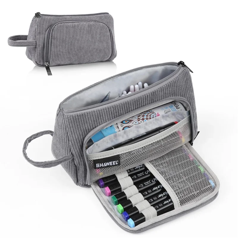 HAWEEL HWL2131 Triangle Pencil Case with Handle Corduroy Makeup Bag Multipurpose Storage Pouch - Grey
