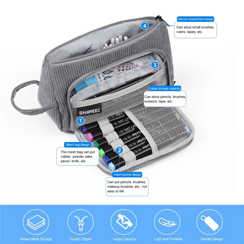 HAWEEL HWL2131 Triangle Pencil Case with Handle Corduroy Makeup Bag Multipurpose Storage Pouch - Grey