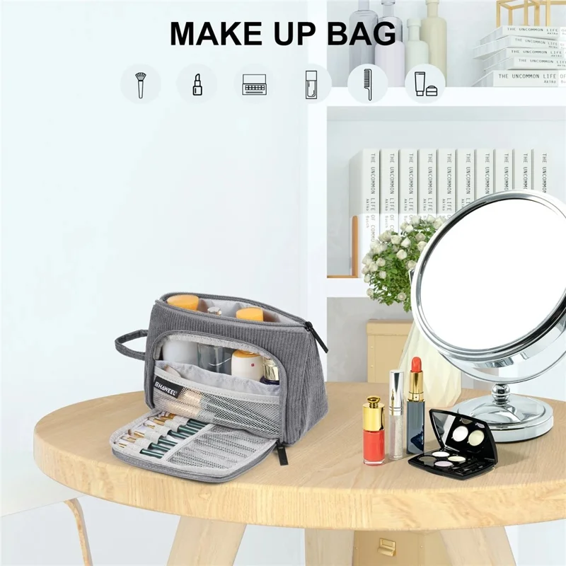 HAWEEL HWL2131 Triangle Pencil Case with Handle Corduroy Makeup Bag Multipurpose Storage Pouch - Grey