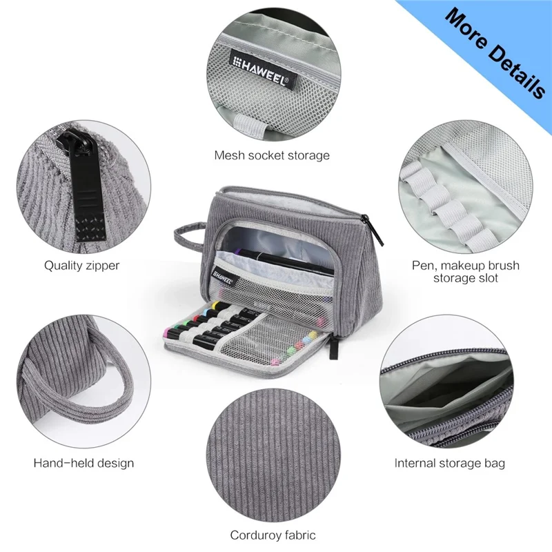 HAWEEL HWL2131 Triangle Pencil Case with Handle Corduroy Makeup Bag Multipurpose Storage Pouch - Grey