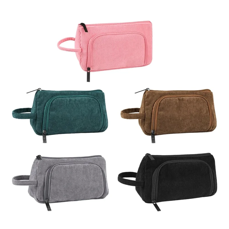 HAWEEL HWL2131 Triangle Pencil Case with Handle Corduroy Makeup Bag Multipurpose Storage Pouch - Grey