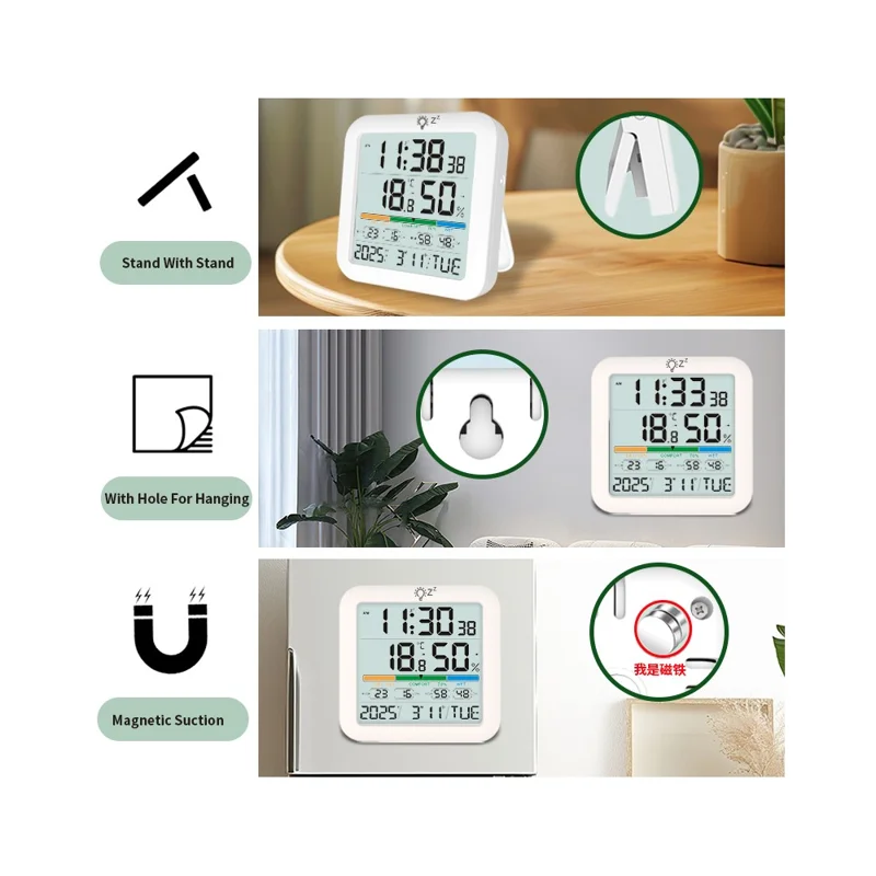 TS-8080 Large Screen Desktop Clock Digital Temperature Humidity Sensor Monitor with Comfort Level Indicator