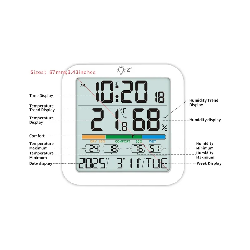 TS-8080 Large Screen Desktop Clock Digital Temperature Humidity Sensor Monitor with Comfort Level Indicator