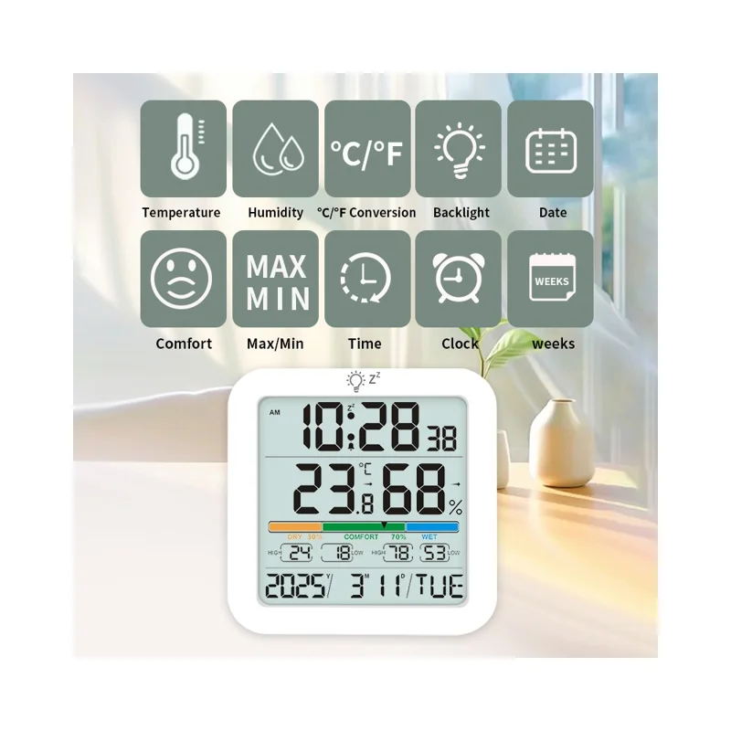 TS-8080 Large Screen Desktop Clock Digital Temperature Humidity Sensor Monitor with Comfort Level Indicator