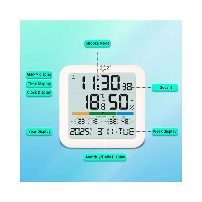 TS-8080 Large Screen Desktop Clock Digital Temperature Humidity Sensor Monitor with Comfort Level Indicator
